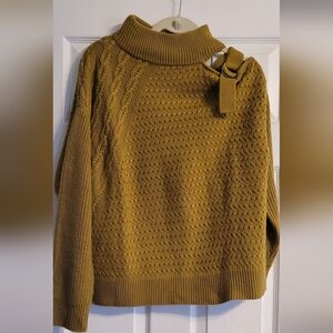 DKNY Mustard Cable-Knit Turtleneck Sweater with Shoulder Tie